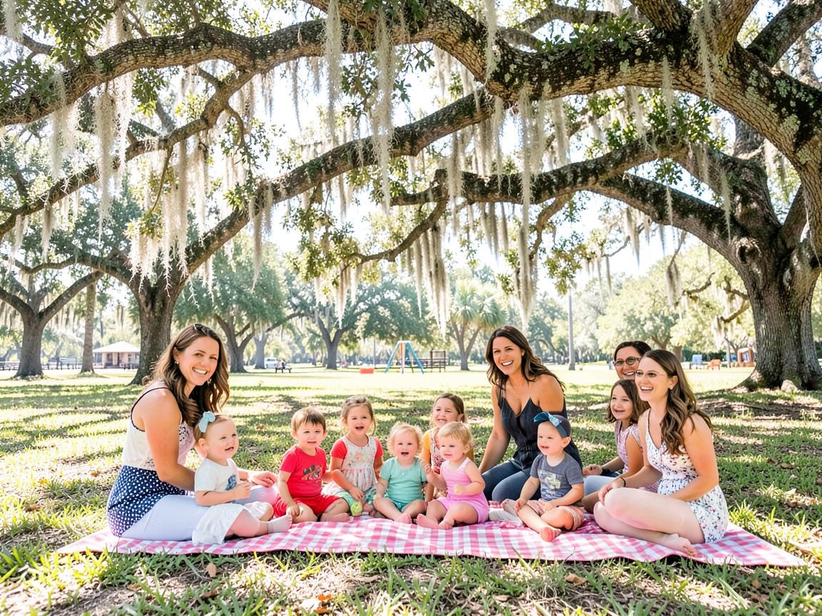 Parents and toddlers at an outdoor playgroup on a sunny Florida lawn