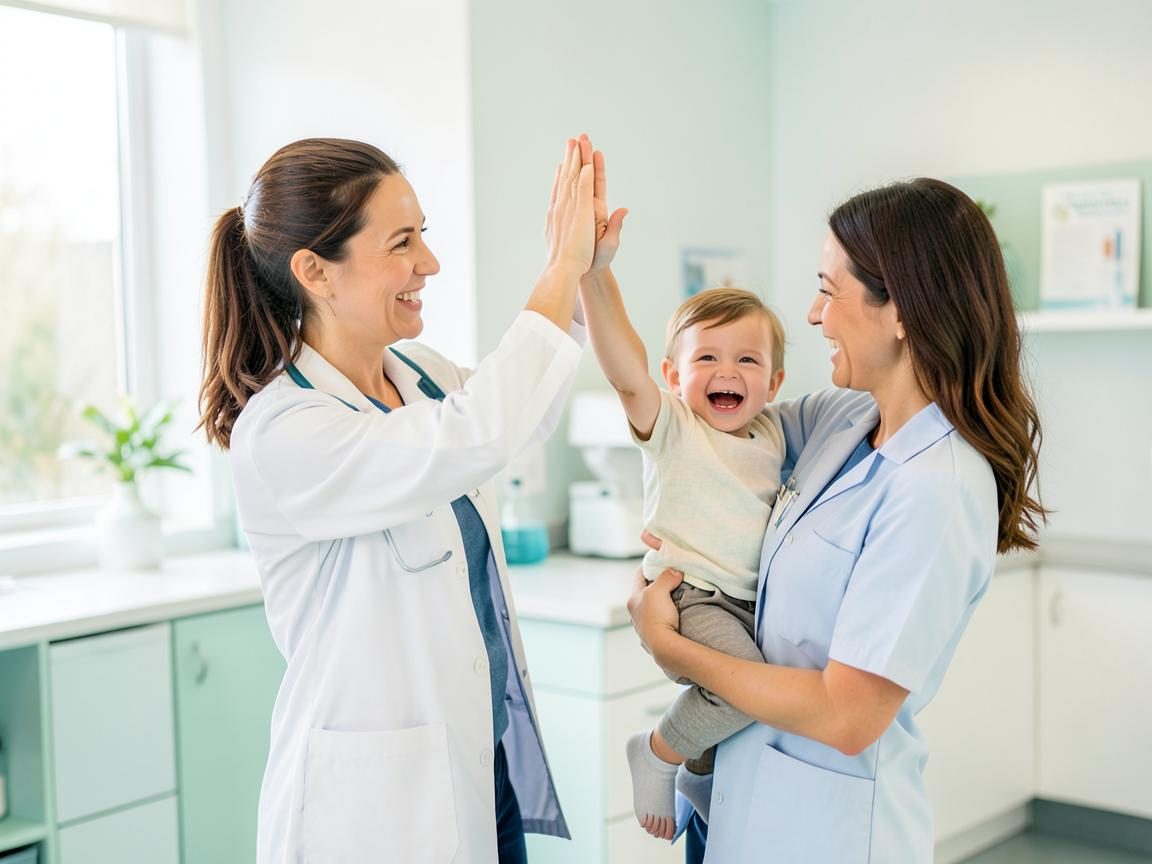 A pediatrician checking a smiling toddler held by her mother