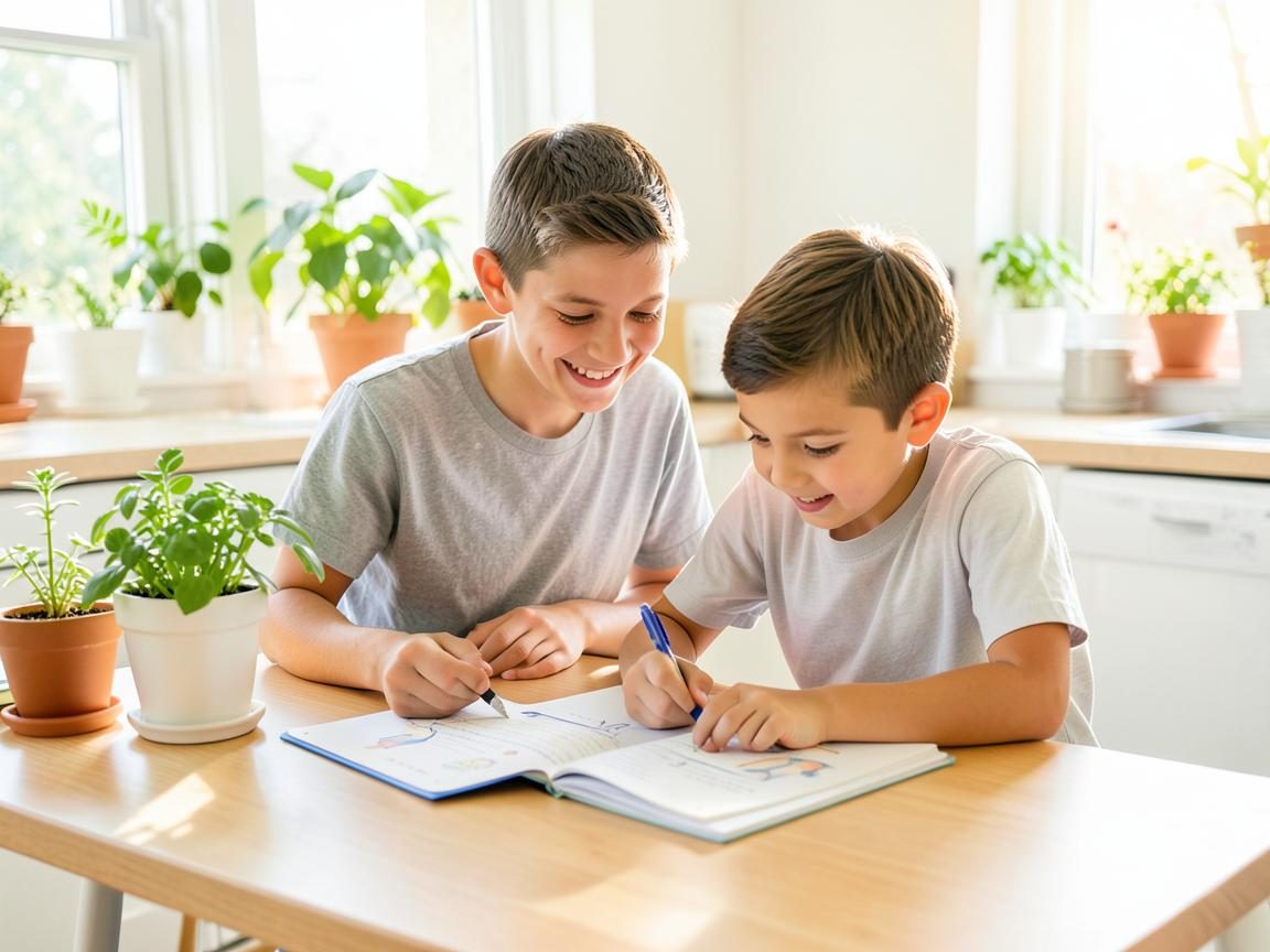 A tutor helping a young boy with a workbook at a bright table
