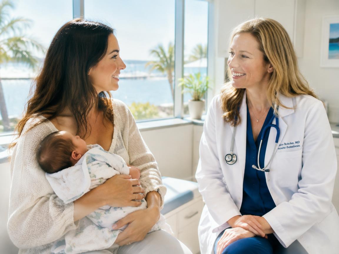 A mother holding her newborn while talking with a smiling family doctor