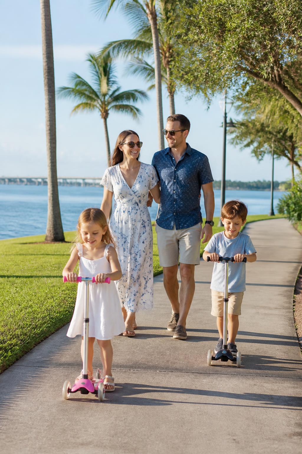 A family riding bikes along the Bradenton Riverwalk in Manatee County