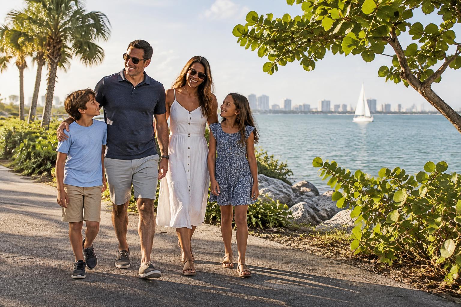 A family walking together beside Sarasota Bay on a sunny Florida afternoon
