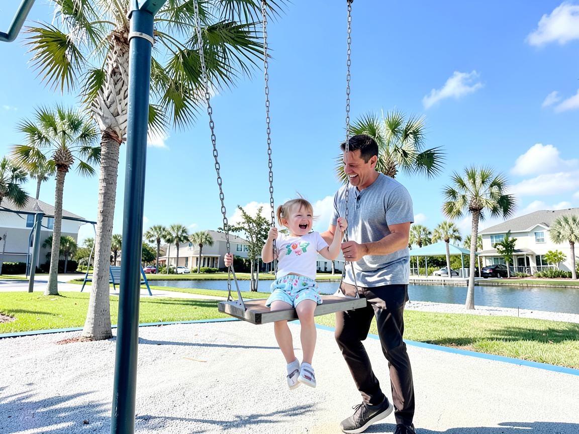 A dad pushing his laughing toddler on a swing at a lakeside playground