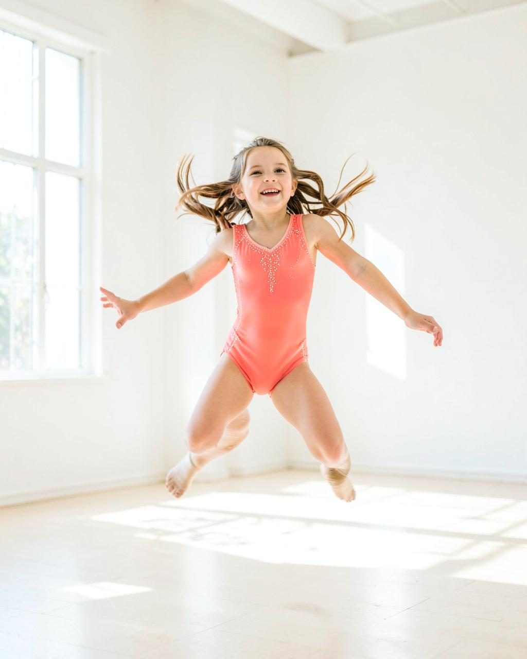 A young dancer in a coral leotard mid leap in a bright studio