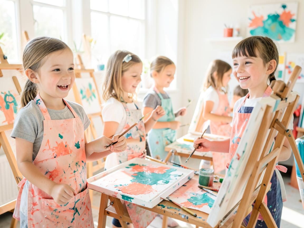 Kids painting at easels in a sunlit art studio