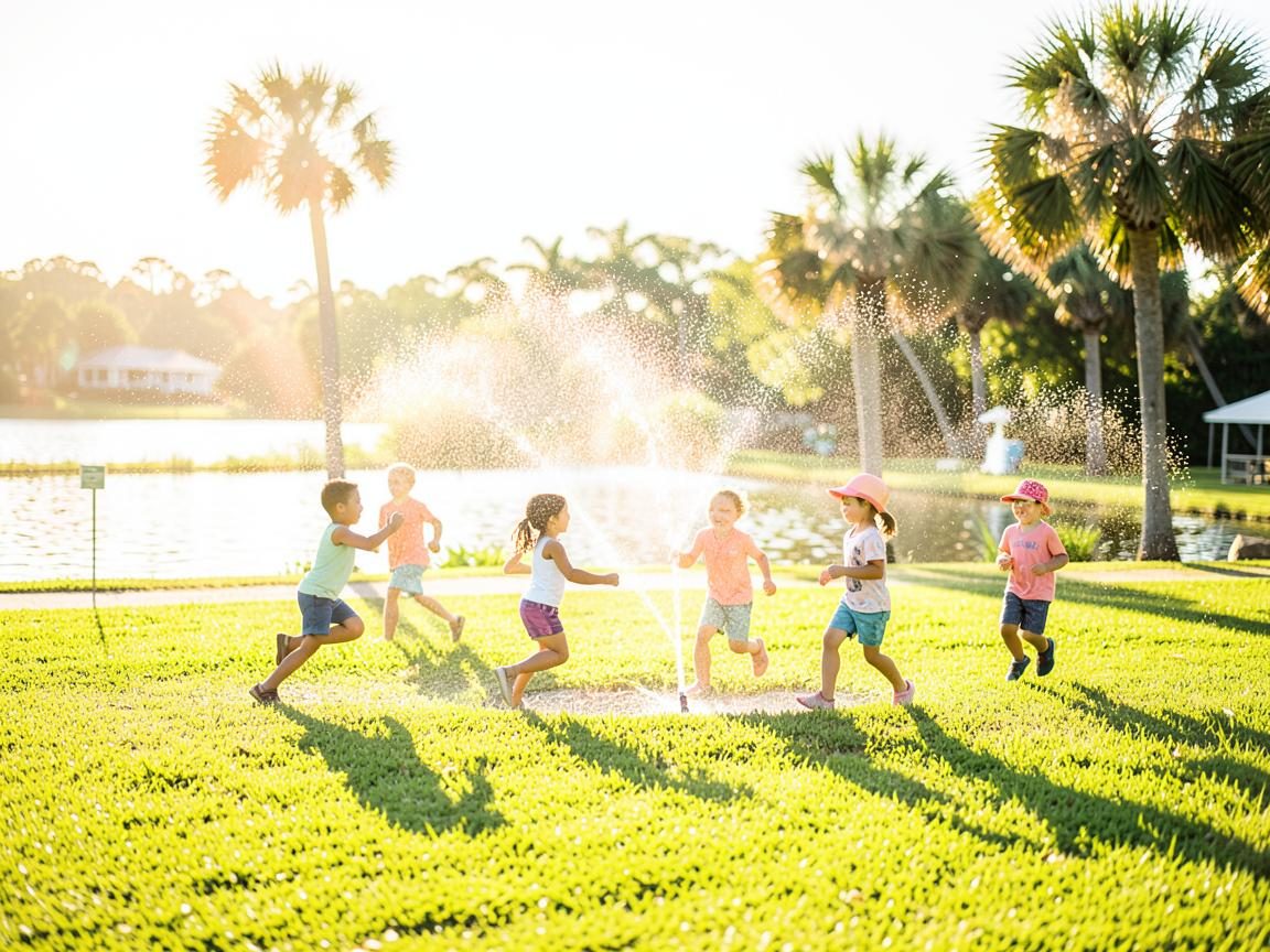 Kids running through a sprinkler at a lakeside summer camp