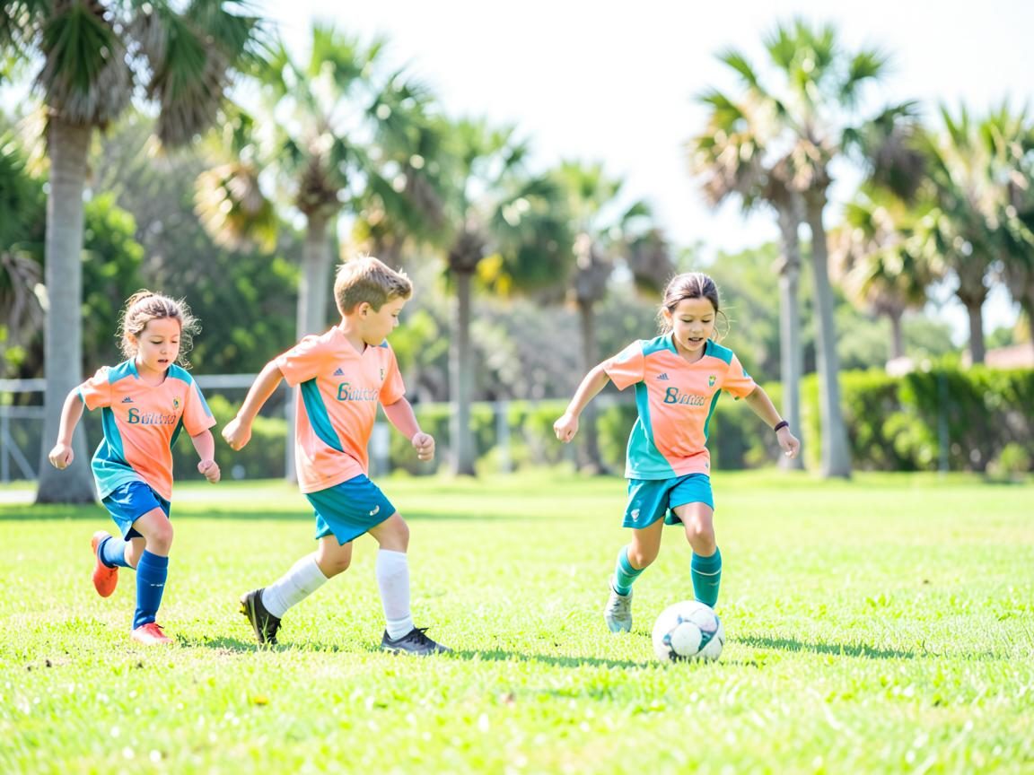 Kids chasing a soccer ball on a green field under palm trees