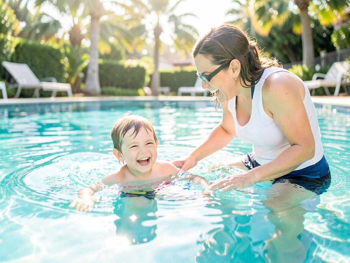 A swim instructor helping a laughing child float in a bright pool